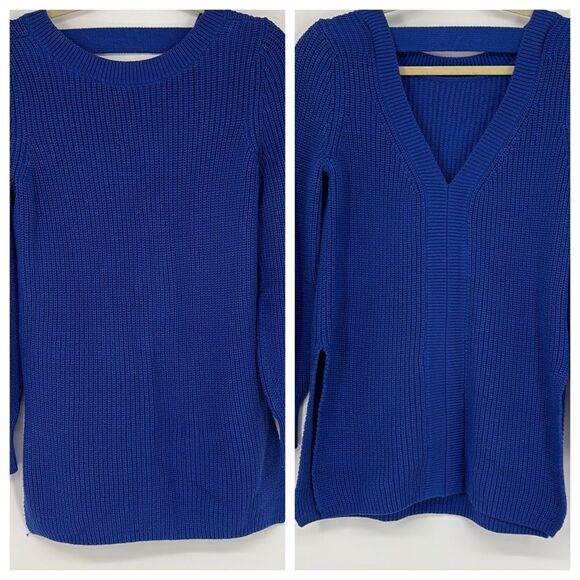 Loft Shaker Chunky Knit Open Back Keyhole  Side Slit Sweater Cobalt Blue S - Picture 2 of 14